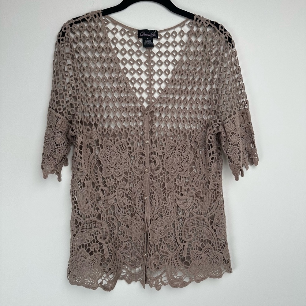 Say What‎ Crochet Button Down Top Size Medium Tan Boho Grandma Cottagecore